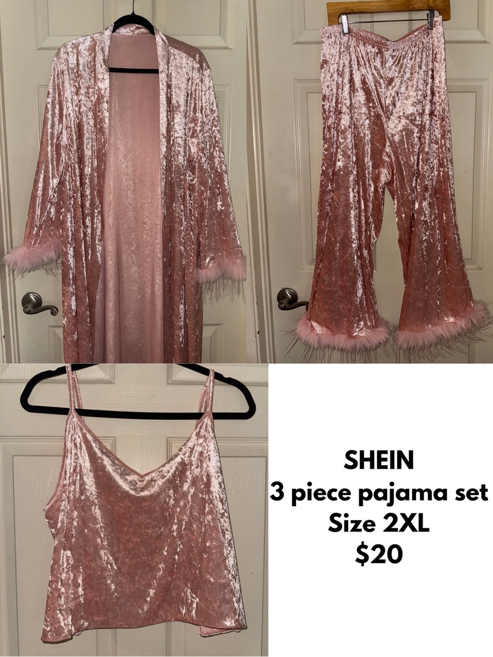 SHEIN Pink Velvet 3-Piece Pajama Set with Feather Trim